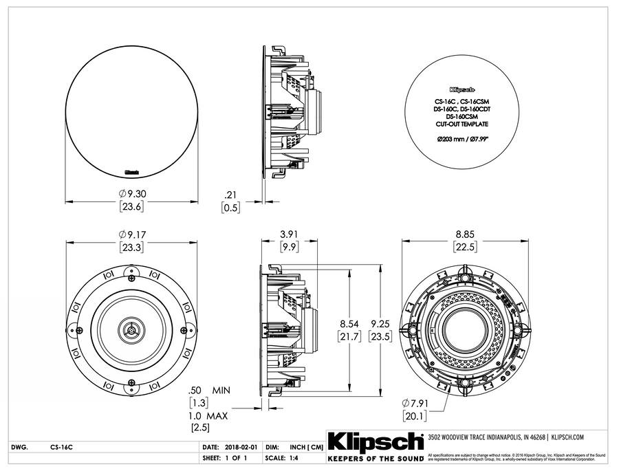 Klipsch - Custom Instal - Designer - DS 180CSM - White grill (Per stuk)