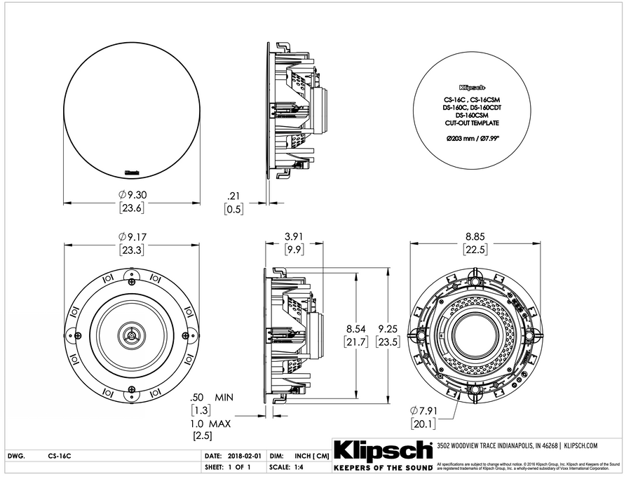 Klipsch - Custom Instal - Designer - DS 160CDT - White grill (Per stuk)