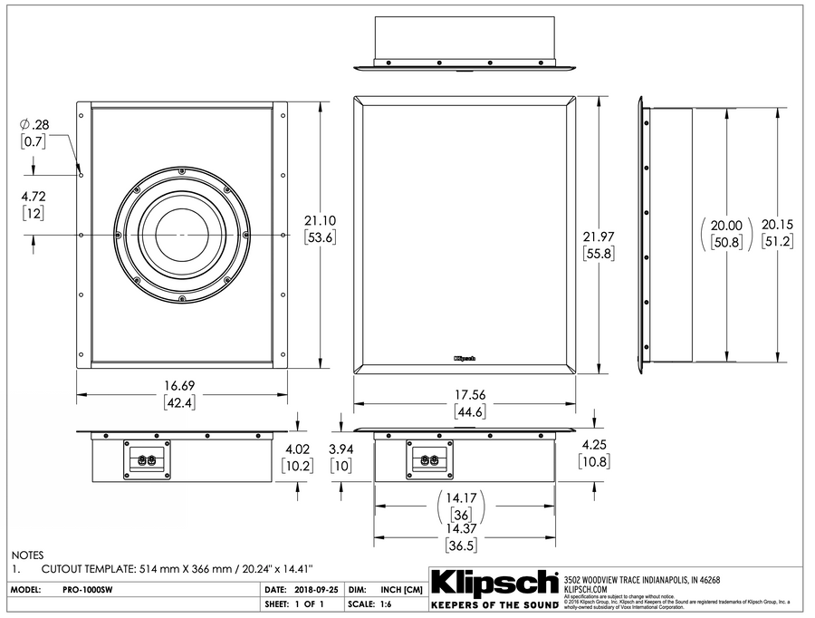 Klipsch - Custom Instal - In wall Subs - PRO 1000SW - White grill (Per stuk)